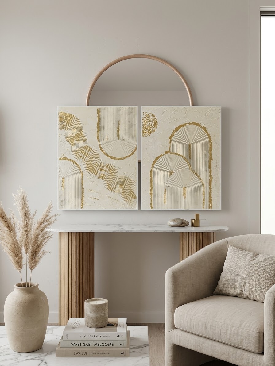 Luxury 3D Palette Knife Canvas Set – Minimalist Gold Leaf Arches