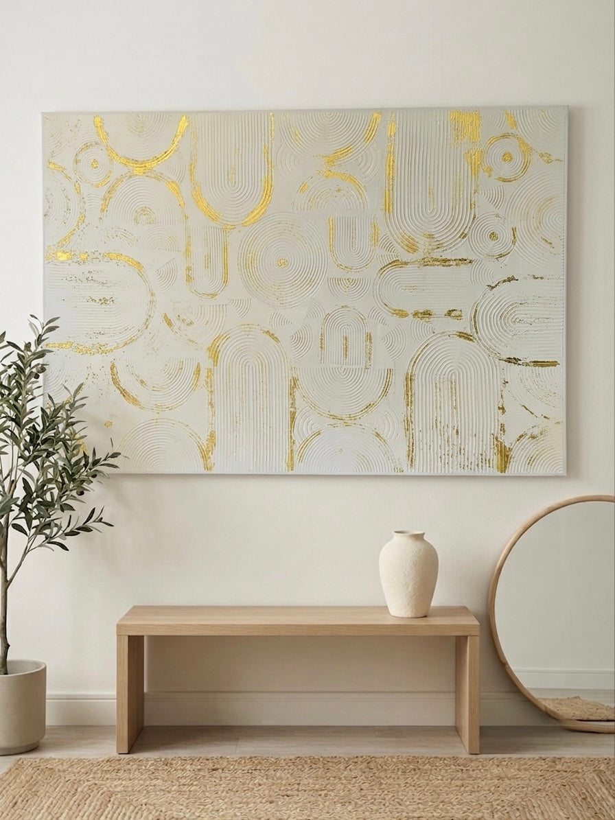 Large Textured 3D Arch Wall Art - Gold Leaf & soft Cream