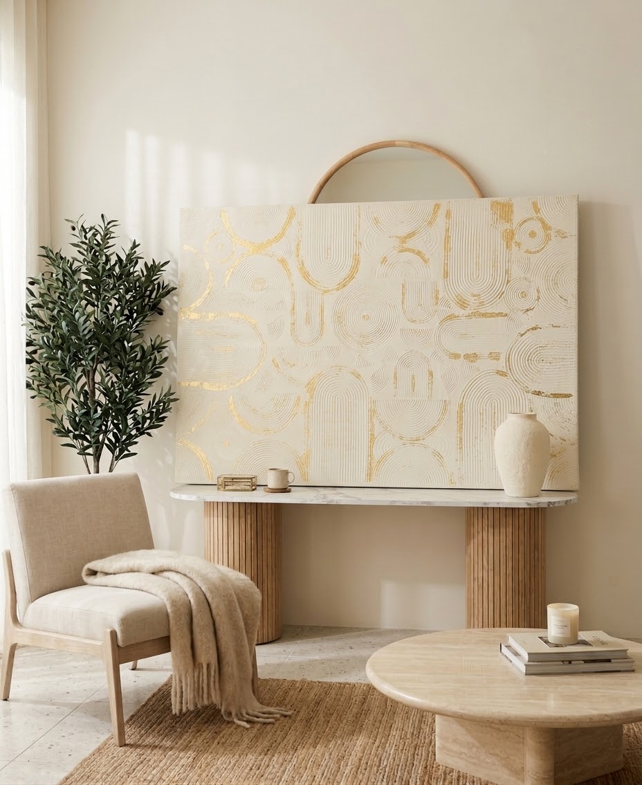 Large Textured 3D Arch Wall Art - Gold Leaf & soft Cream