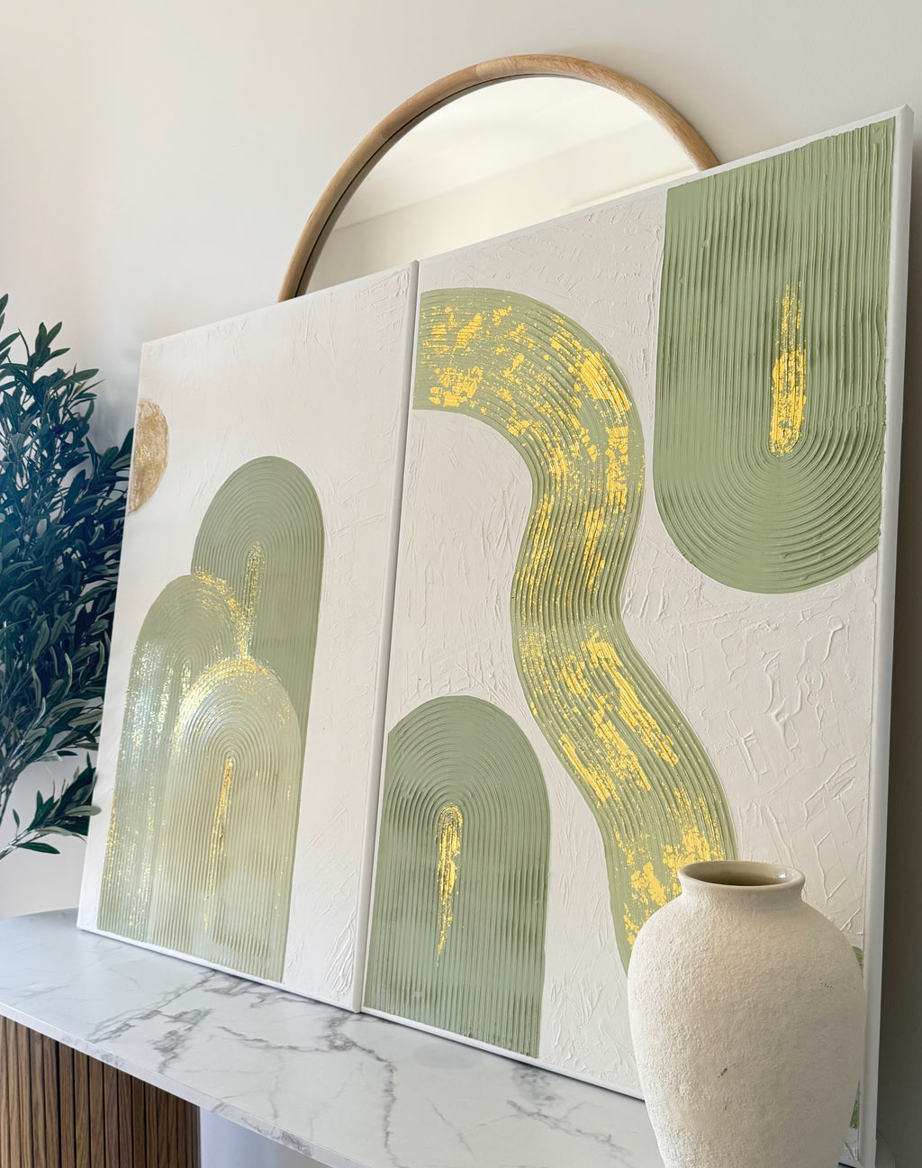 Original Handmade Boho Sage Green Wall Art – Duo-Set Canvas