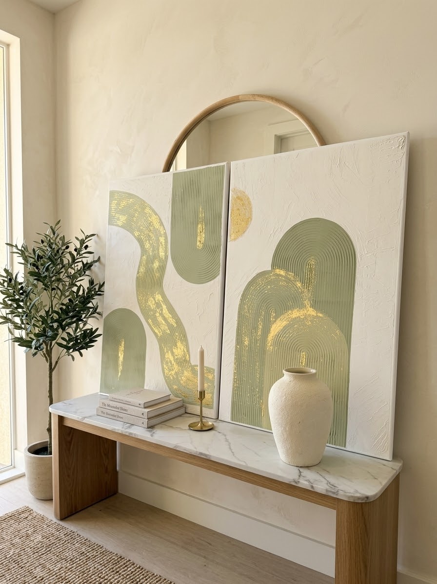 Original Handmade Boho Sage Green Wall Art – Duo-Set Canvas