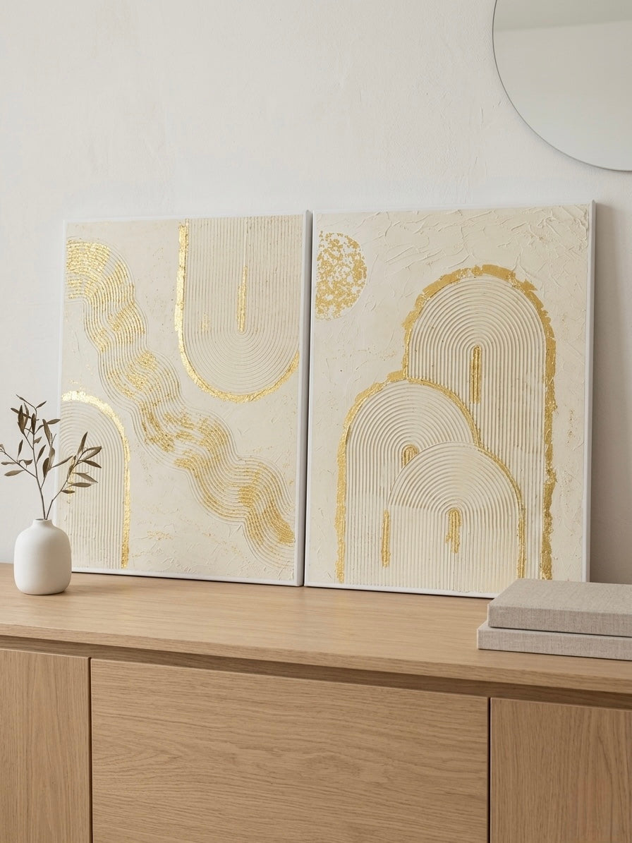 Luxury 3D Palette Knife Canvas Set – Minimalist Gold Leaf Arches