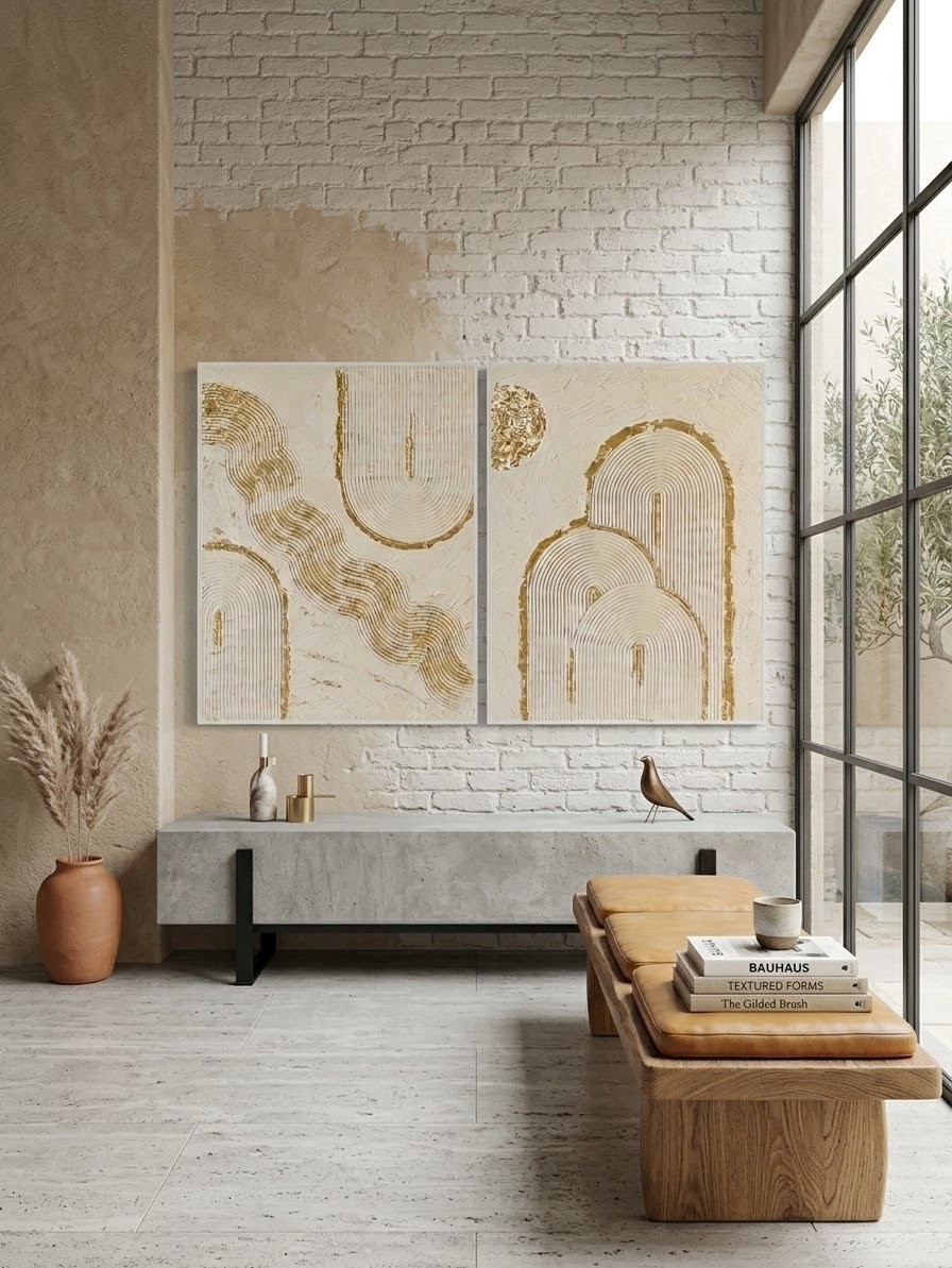 Luxury 3D Palette Knife Canvas Set – Minimalist Gold Leaf Arches