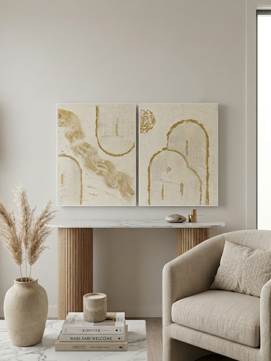 Luxury 3D Palette Knife Canvas Set – Minimalist Gold Leaf Arches