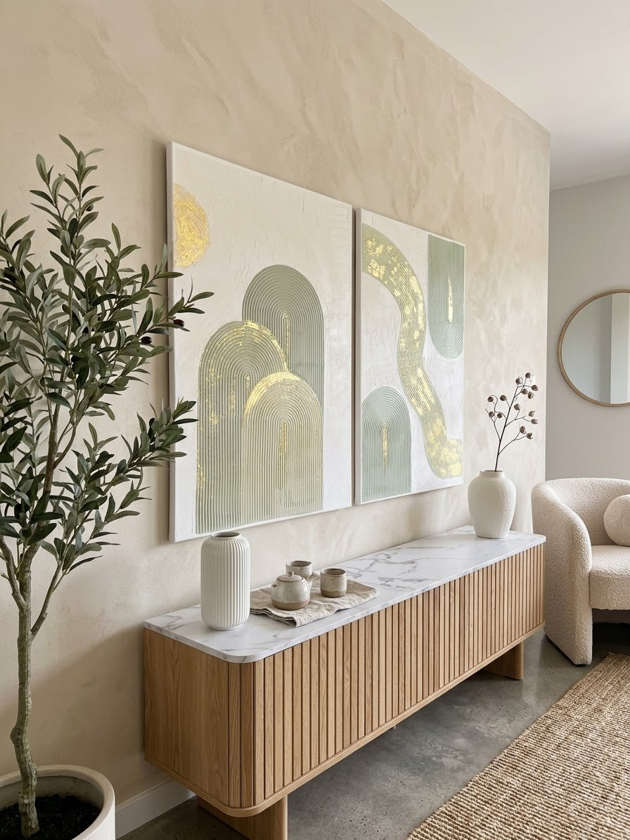 Original Handmade Boho Sage Green Wall Art – Duo-Set Canvas