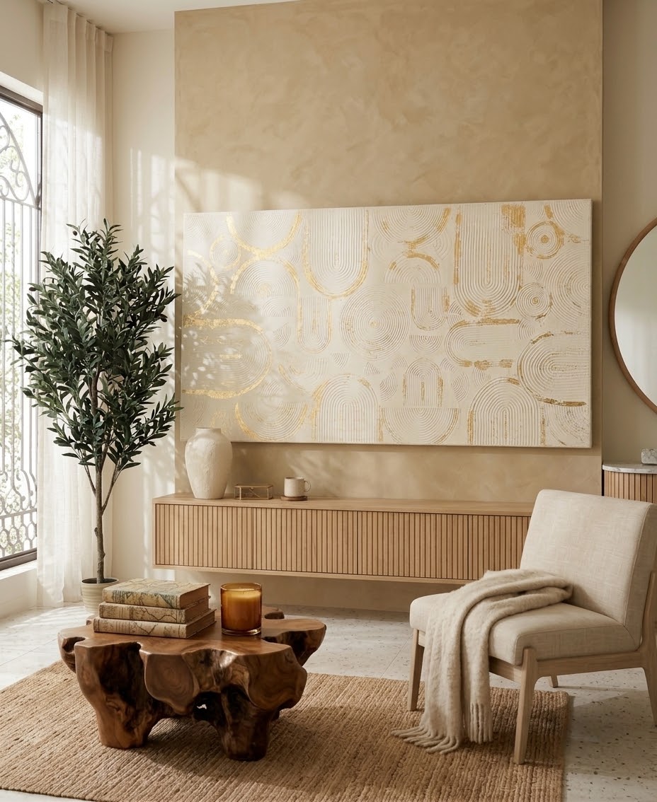 Large Textured 3D Arch Wall Art - Gold Leaf & soft Cream