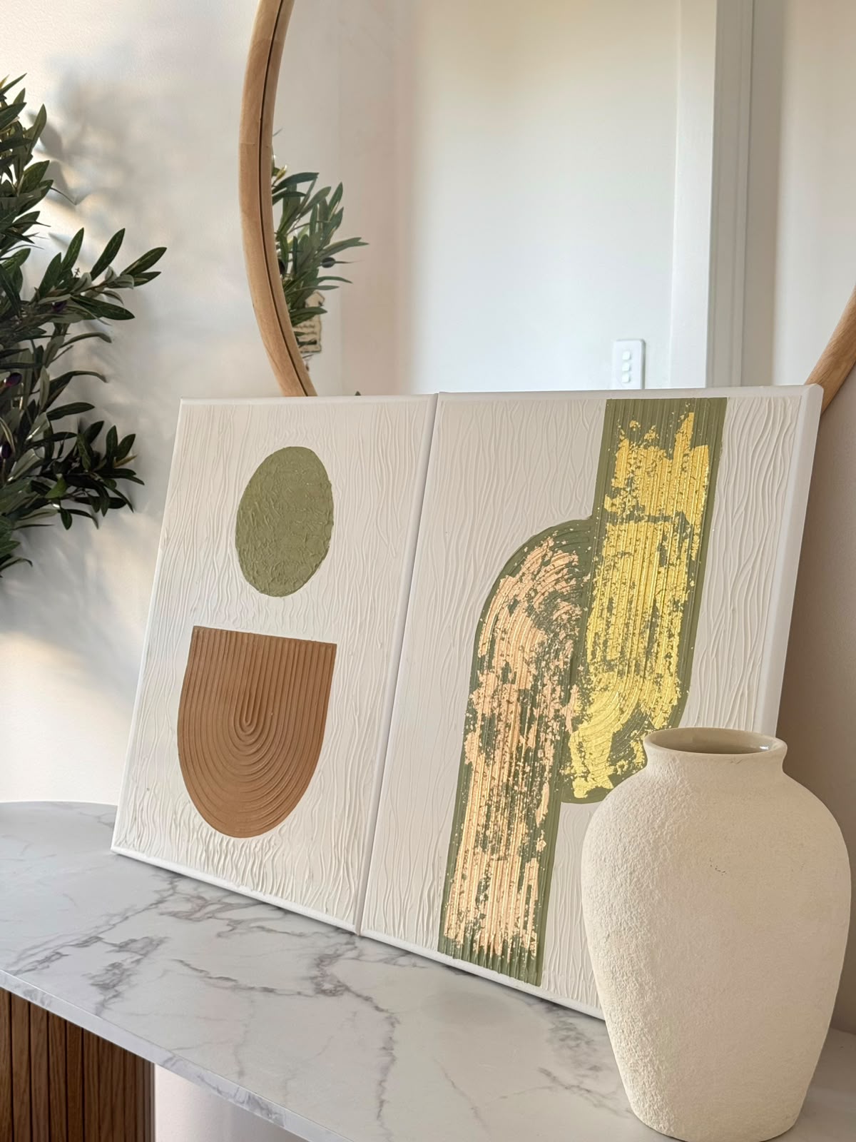 Handmade Textured Canvas Set | Sage Green, Terracotta & gold