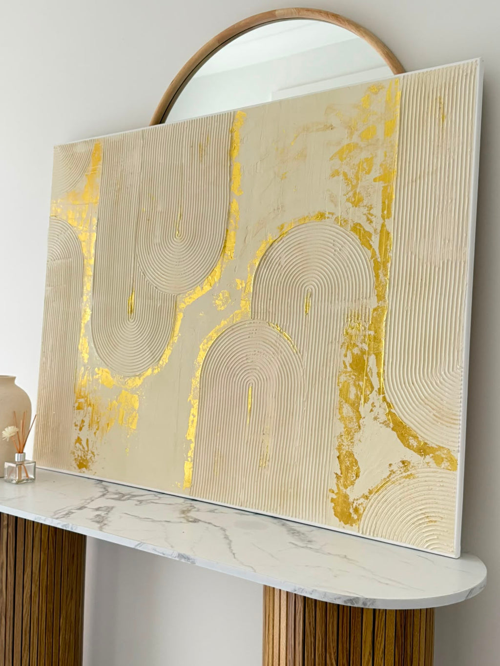 Large Textured 3D Arch Wall Art - Gold Leaf & soft Cream