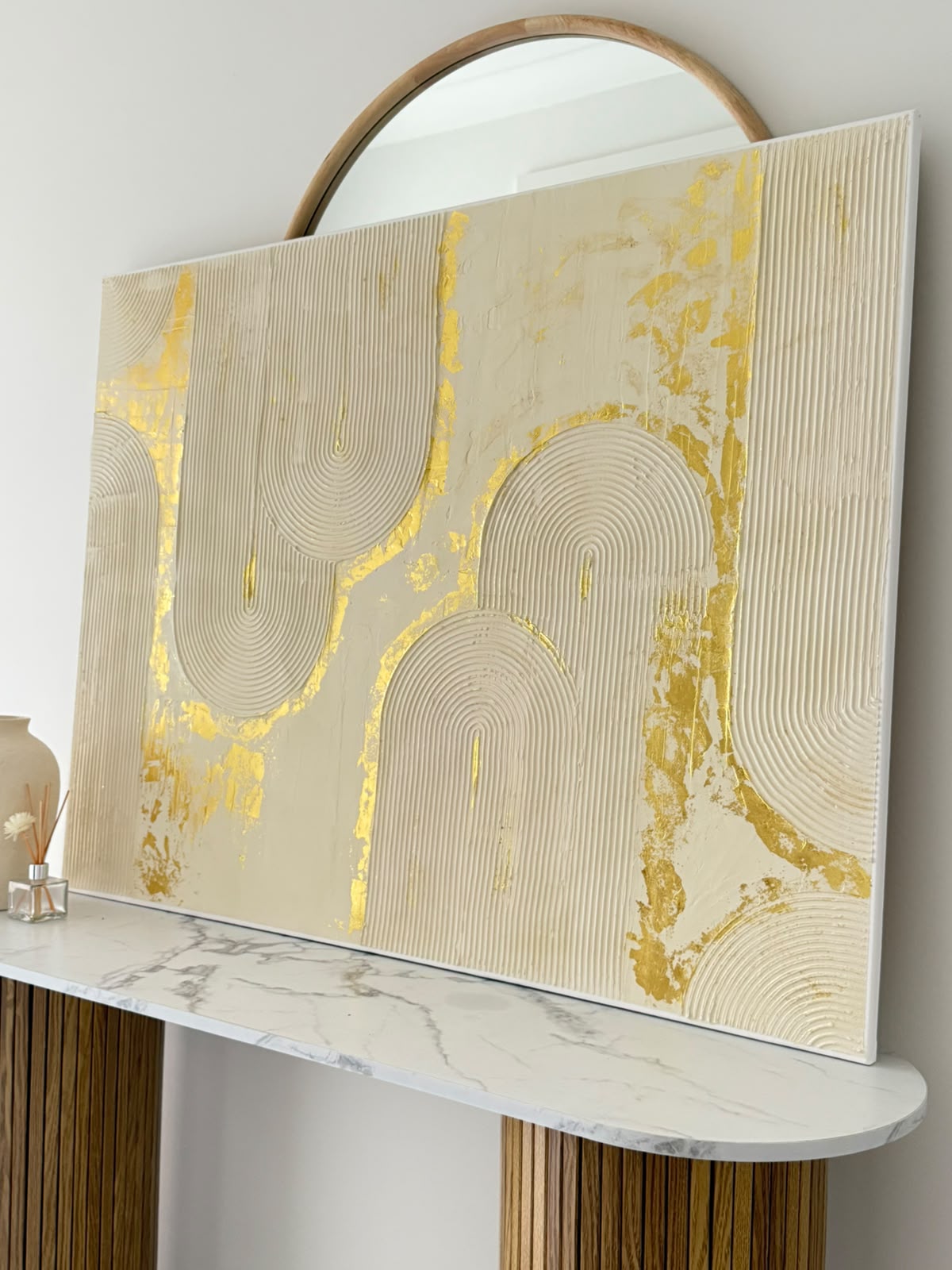 Large Textured 3D Arch Wall Art - Gold Leaf & soft Cream