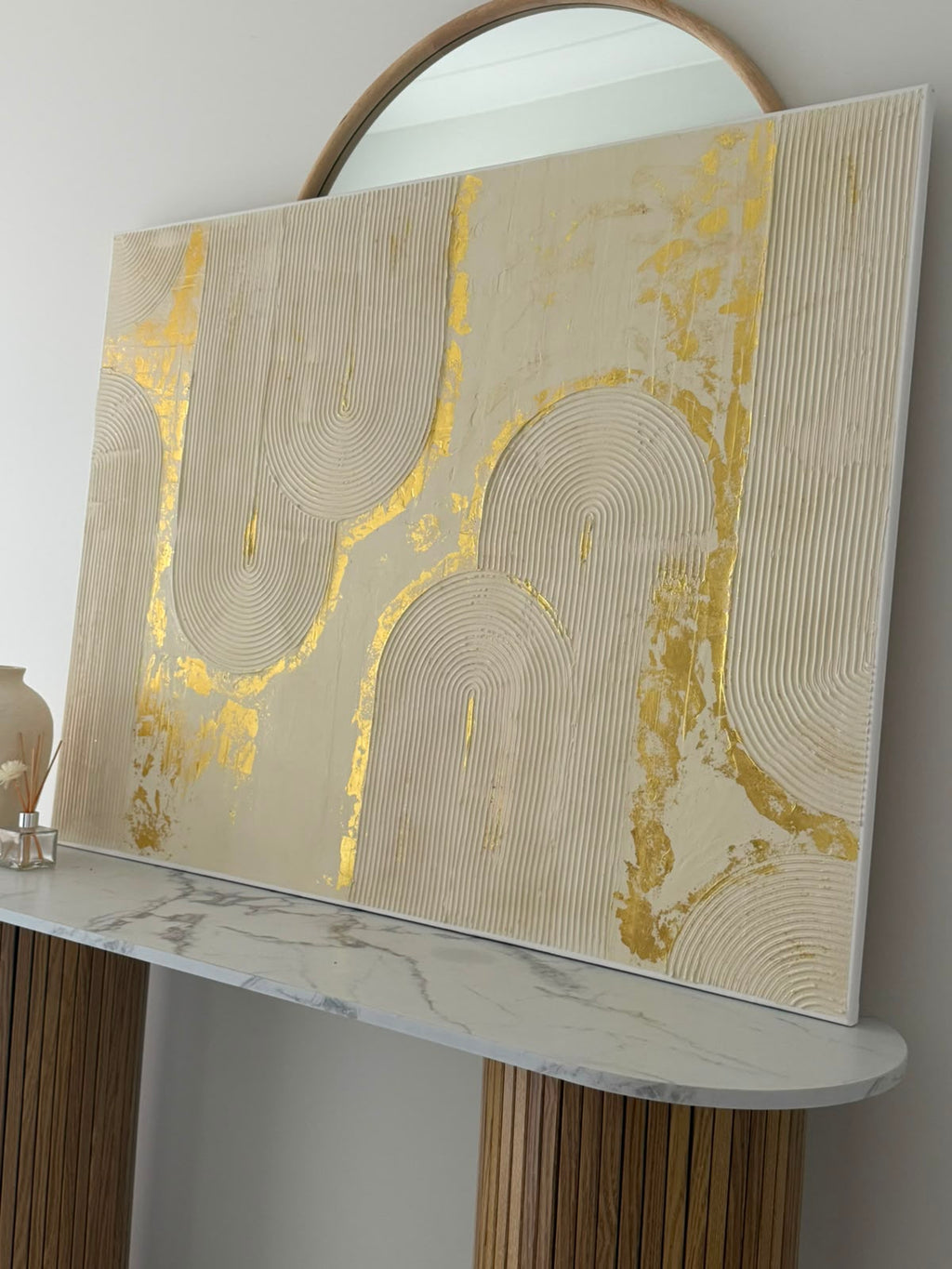 Large Textured 3D Arch Wall Art - Gold Leaf & soft Cream