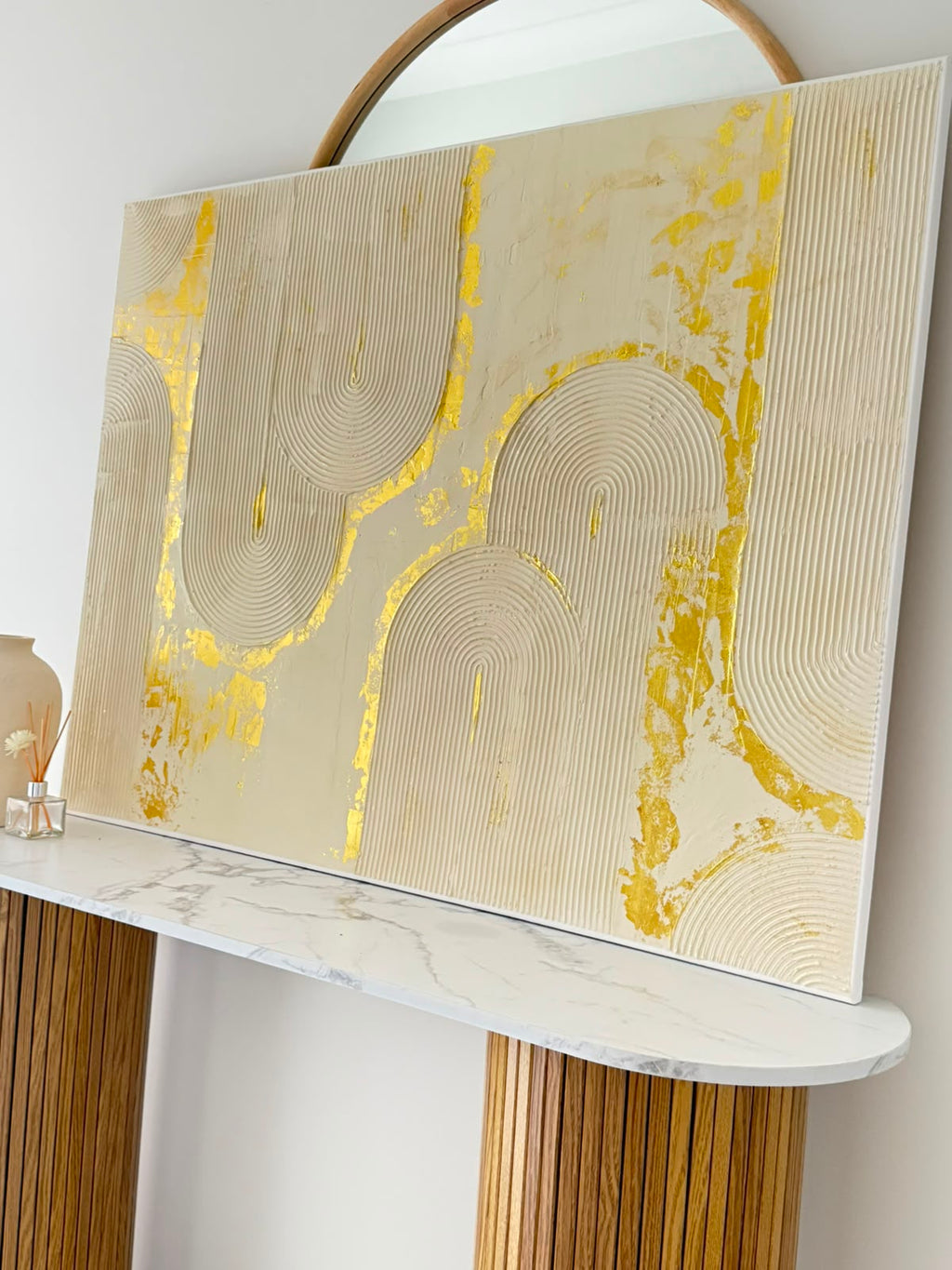 Large Textured 3D Arch Wall Art - Gold Leaf & soft Cream