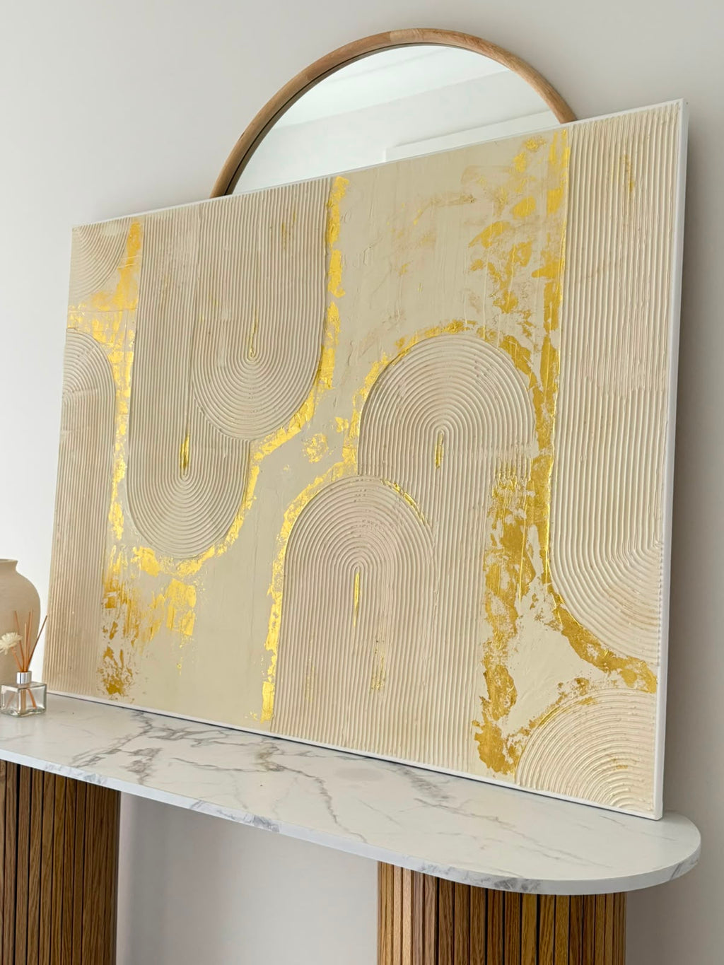 Large Textured 3D Arch Wall Art - Gold Leaf & soft Cream