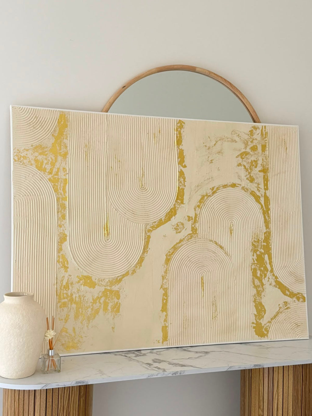 Large Textured 3D Arch Wall Art - Gold Leaf & soft Cream