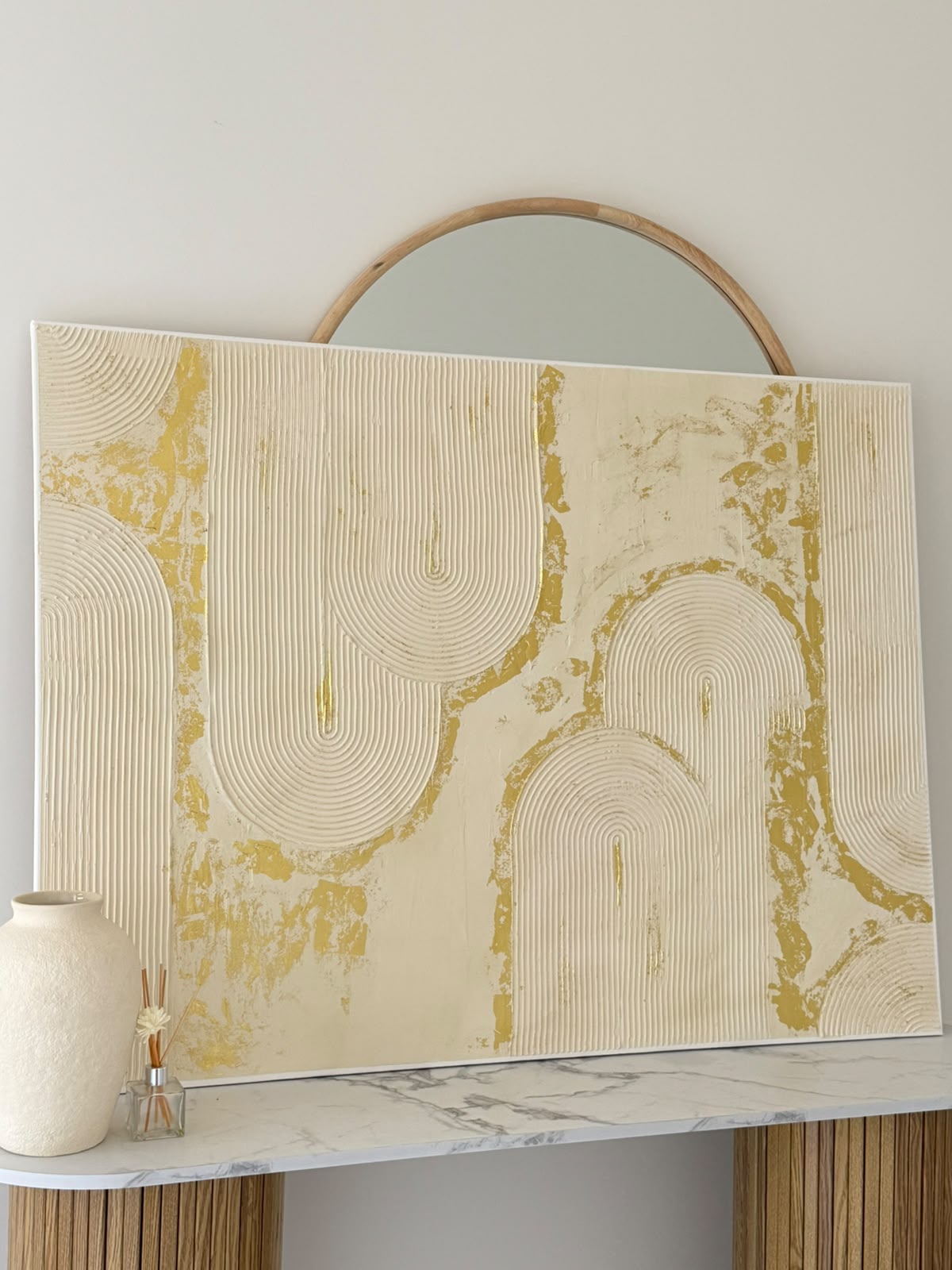 Large Textured 3D Arch Wall Art - Gold Leaf & soft Cream