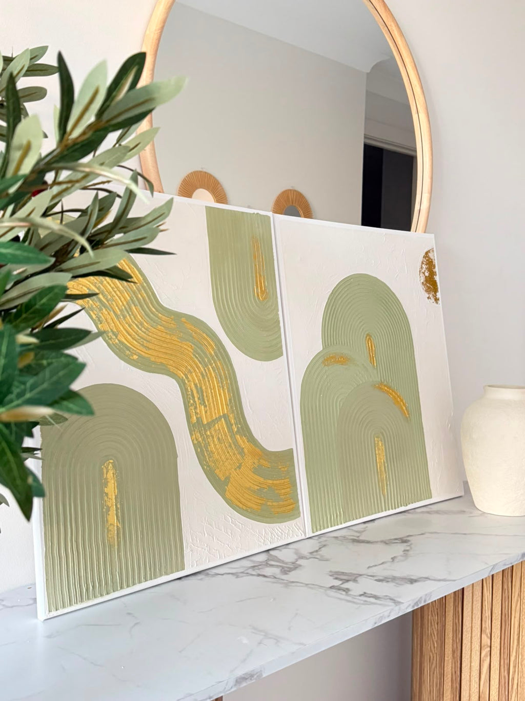 Original Handmade Boho Sage Green Wall Art – Duo-Set Canvas (Can be sold separately)