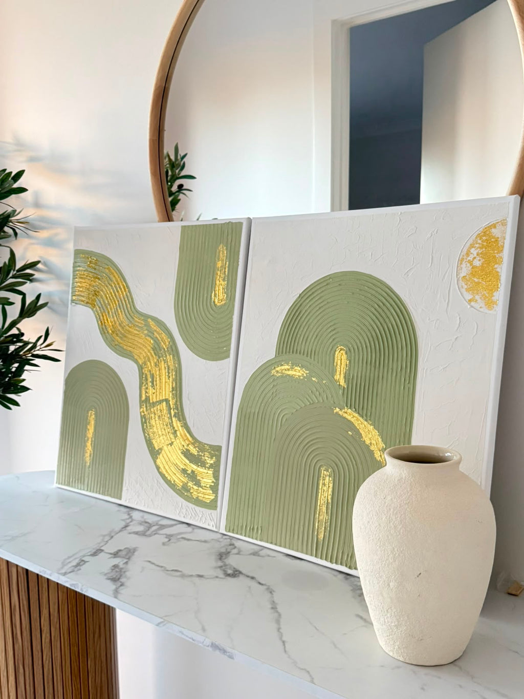 Original Handmade Boho Sage Green Wall Art – Duo-Set Canvas (Can be sold separately)