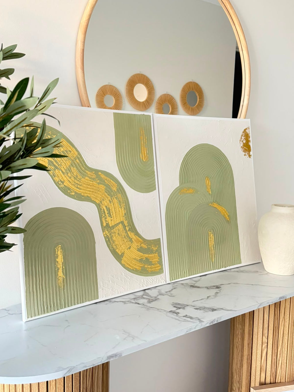 Original Handmade Boho Sage Green Wall Art – Duo-Set Canvas (Can be sold separately)