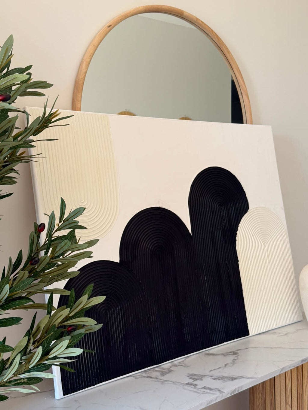 Handmade Textured Arch Wall Art | Black, Cream & White