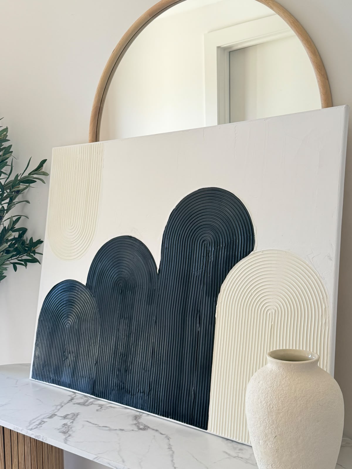 Handmade Textured Arch Wall Art | Black, Cream & White